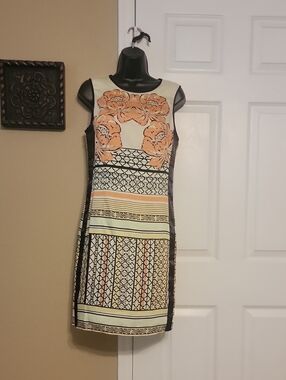 Under Skies Cream Dress with Peach Floral & Black Panels
